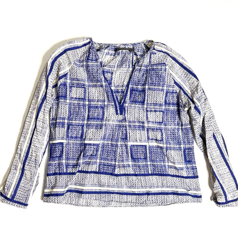 Coster Copenhagen Blue and White Boho Print Long Sleeve Peasant Blouse Size L